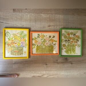 3x Vintage Nancy Solberg 1974 Original Flower Wall Art – Set of 3 – Wood Frames
